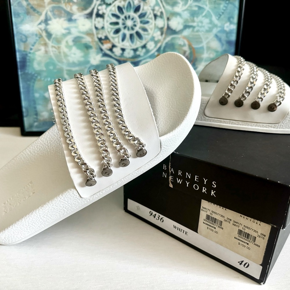 Barney's NY Women's White Leather W/ Chain Detail Slides - NEW
